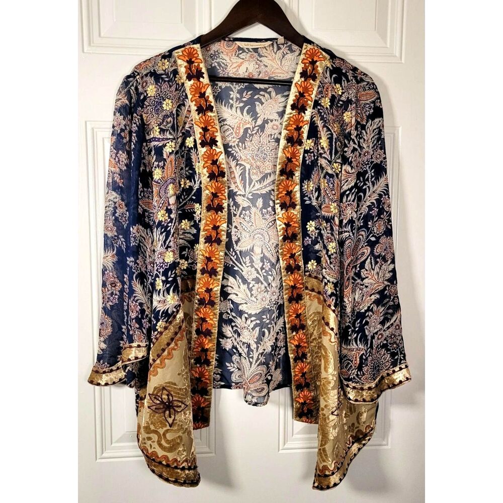 Soft Surroundings PXL Kimono Cardigan Navy Floral Embroidered Velvet Boho